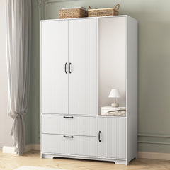 4 Doors Wardrobe Closet with Mirror, LED Wardrobe with Doors and 2 Drawers, Wooden Wardrobe Storage Cabinet with Hanging Rod, Adjustable Shelves, White