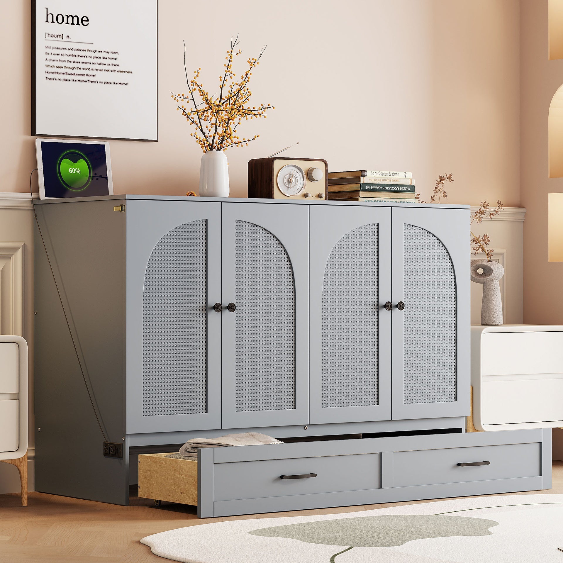 Full Size Murphy Bed with Large Drawers, Gray