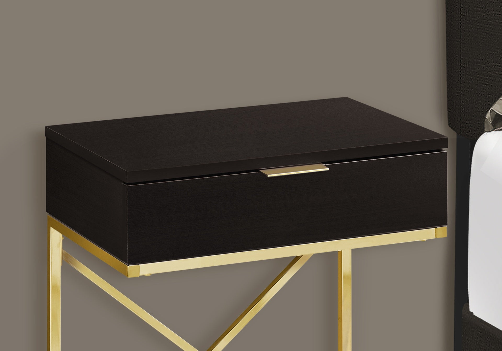 Accent Table, Side, End, Nightstand, Lamp, Storage Drawer, Living Room, Bedroom, Brown Laminate, Gold Metal, Contemporary, Modern
