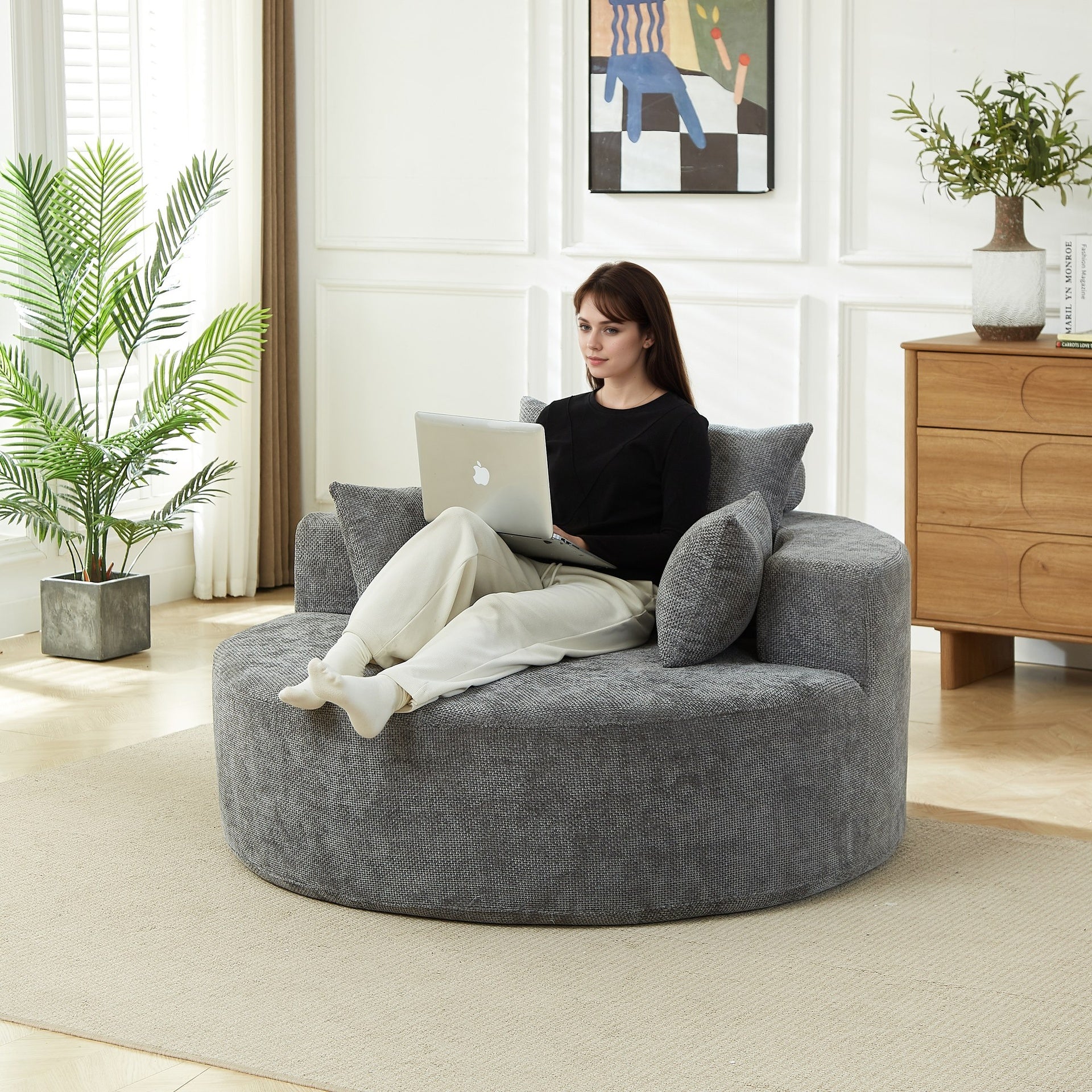 55'L Chenille Sponge single sofa,No Assembly Required,Fluffy Modern Sleeper Chair for Living room, Bedroom, Lounge and Projection Room(Not a swivel chair.)