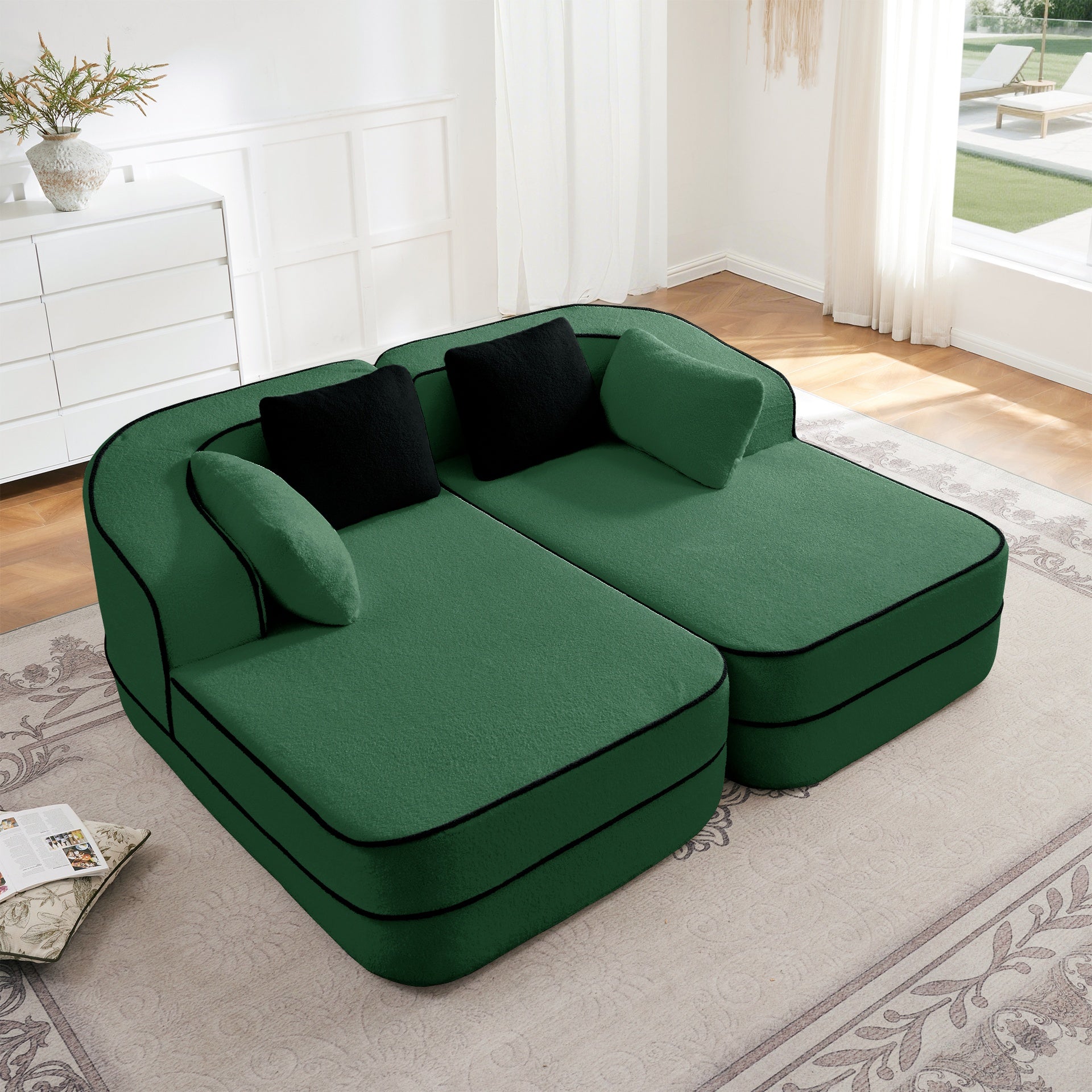 77.2" Teddy Fabric No Assembly  32D High Density sponge Boneless Sofa,Fluffy Comfy Couch with double Chaises,Sleeper sofa,Contrast color design,Symmetrical aesthetics,for Living Room,Green