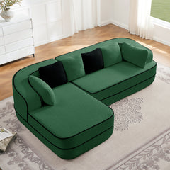 106" Teddy Fabric No Assembly 32D High Density sponge Boneless Sofa,Contrast color design,Fluffy Comfy Couch with L-Shaped Chaise,for Living Room,Green