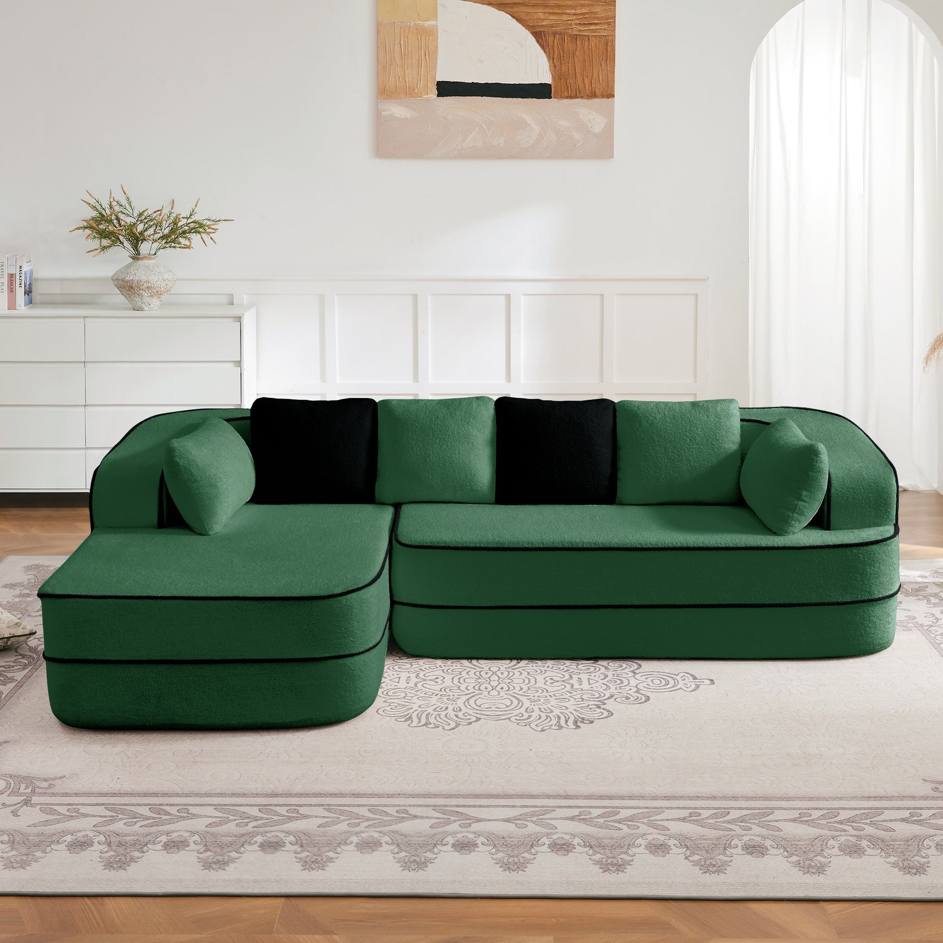 106" Teddy Fabric No Assembly 32D High Density sponge Boneless Sofa,Contrast color design,Fluffy Comfy Couch with L-Shaped Chaise,for Living Room,Green