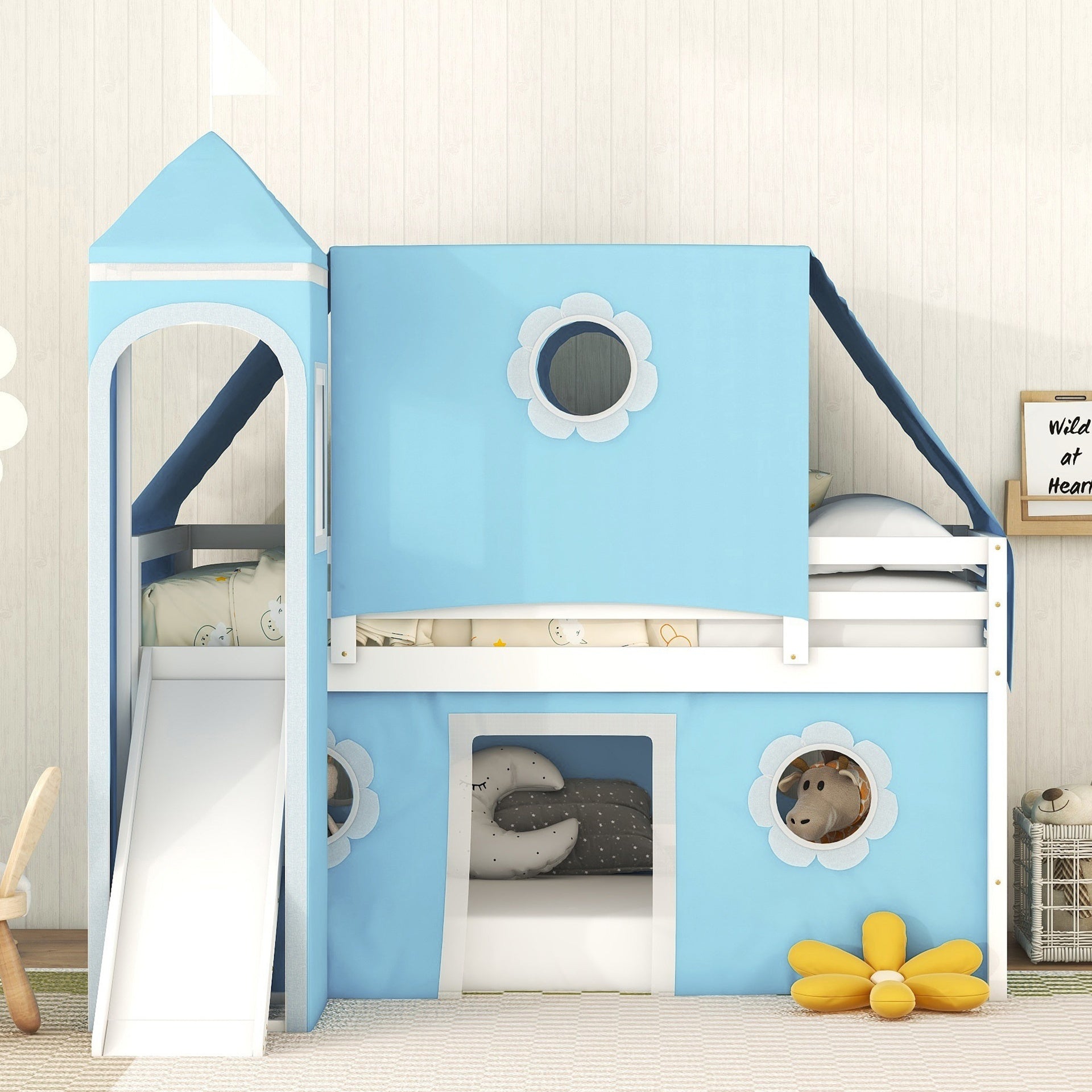 Twin Size Loft Bed with Slide Blue Tent and Tower - Blue