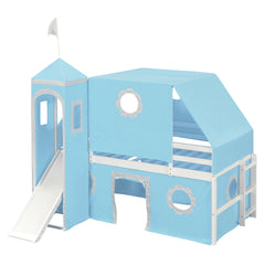 Twin Size Loft Bed with Slide Blue Tent and Tower - Blue