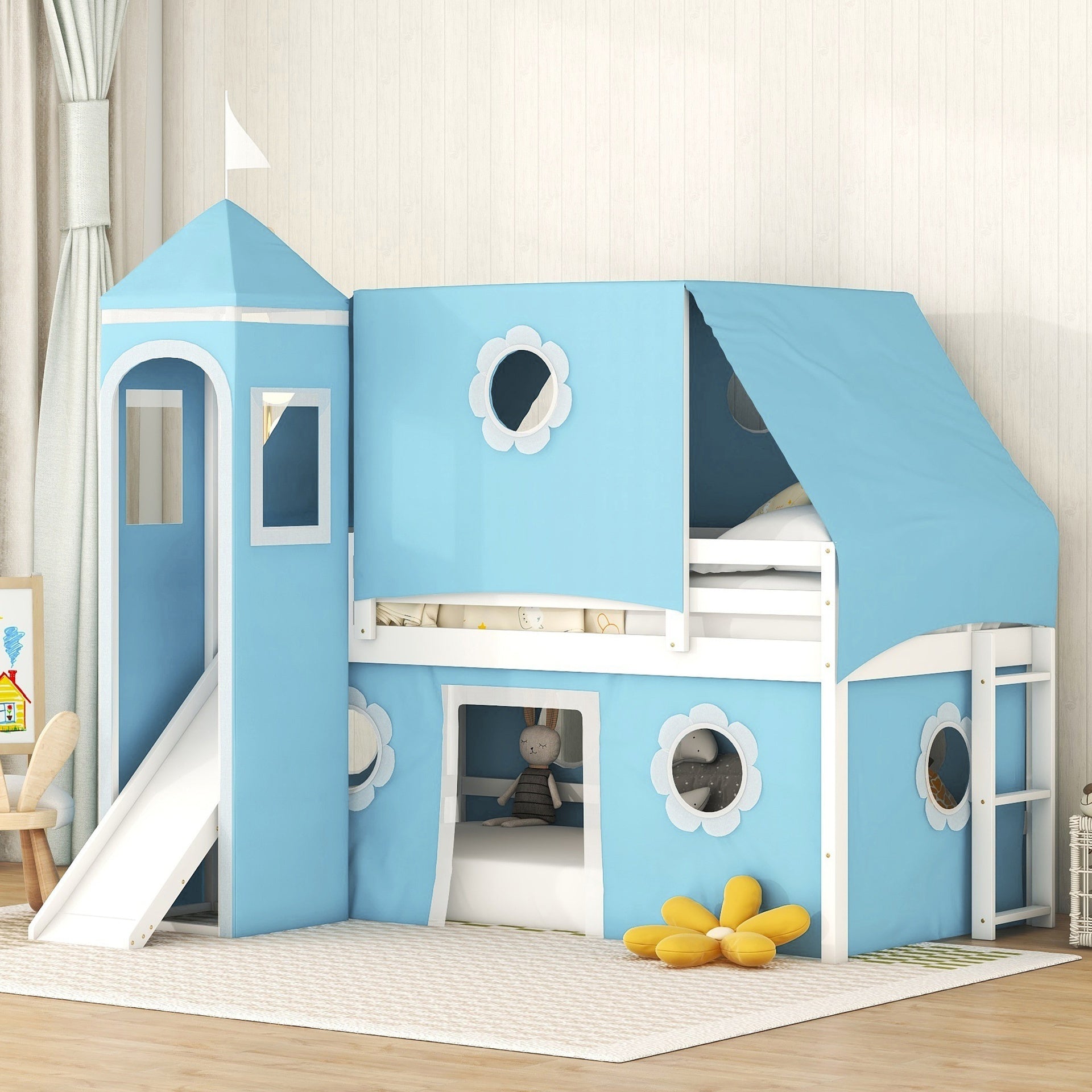 Twin Size Loft Bed with Slide Blue Tent and Tower - Blue