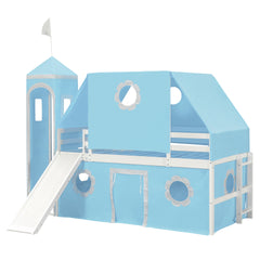 Twin Size Loft Bed with Slide Blue Tent and Tower - Blue
