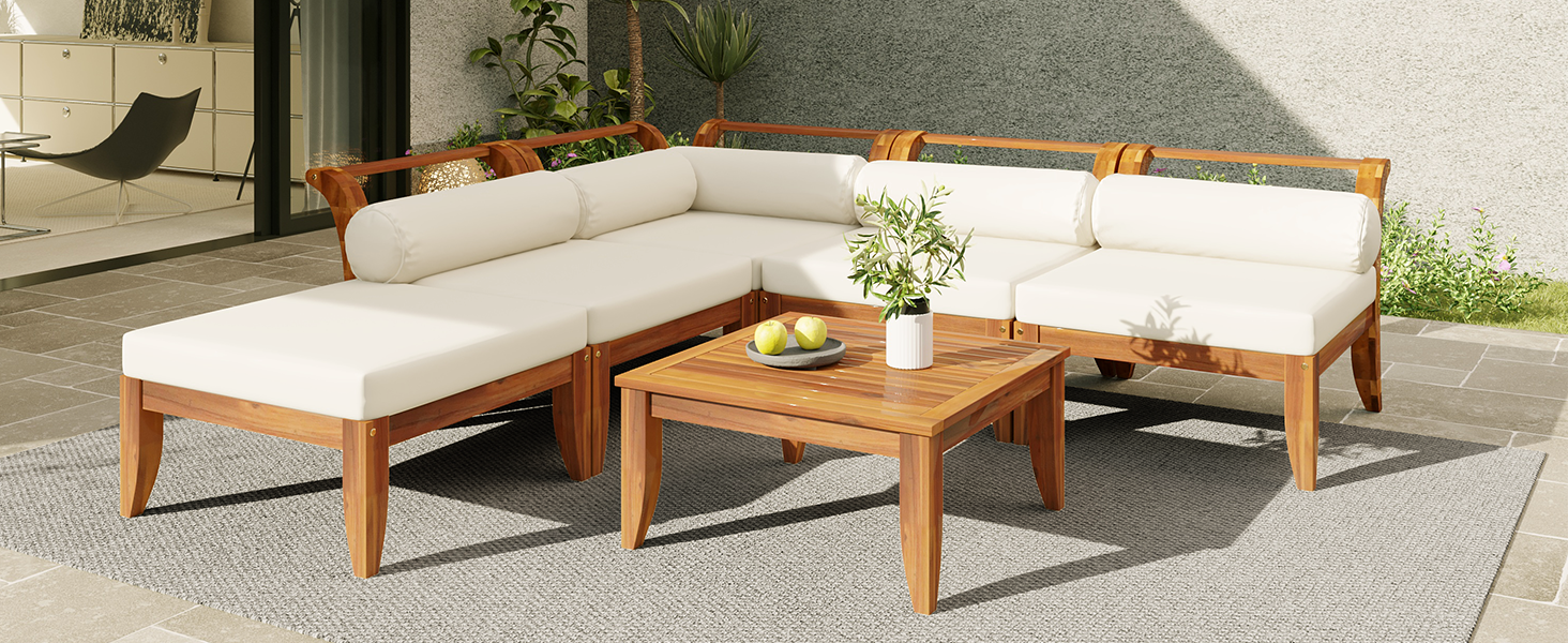 TOPMAX 6 Piece Patio Sofa Set, Acacia Wood Outdoor Modular Sectional Garden Furniture Set L-Shaped Conversation Set, Convertible Daybed with Tea Table, Ottoman, 5 Cushions and Pillows, Teak+Beige