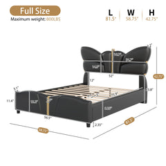 Full Size Upholstered PU Leather Bed Frame, with Butterfly Shaped Headboard and Footboard, Platform Bed Frame with Gold Metal decorations, No Box Spring Needed, Black