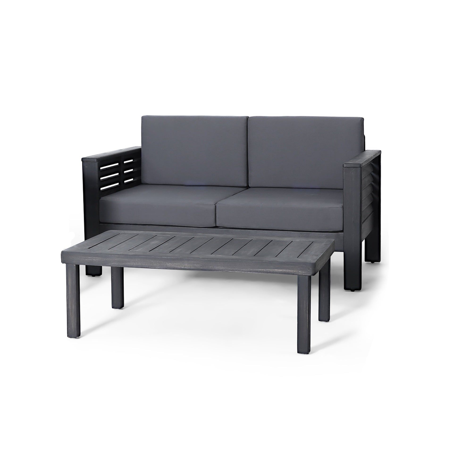Acacia Wood Outdoor Loveseat and Coffee Table Set with Cushions, Dark Gray