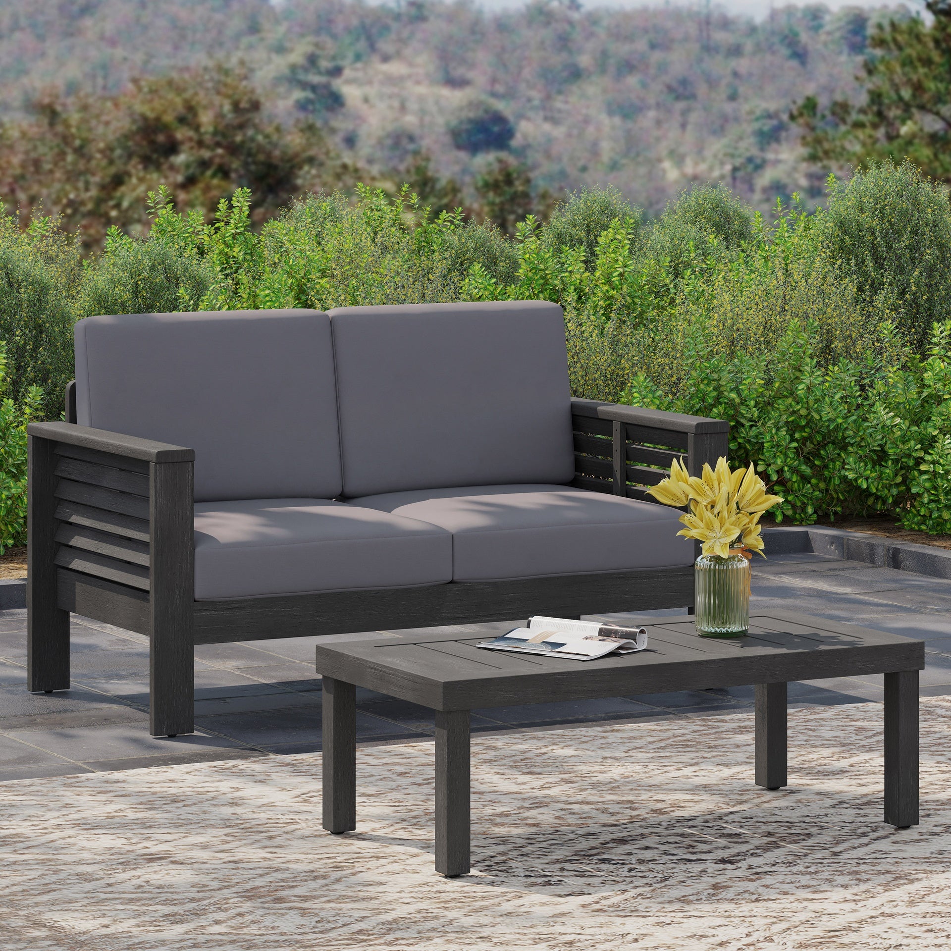 Acacia Wood Outdoor Loveseat and Coffee Table Set with Cushions, Dark Gray