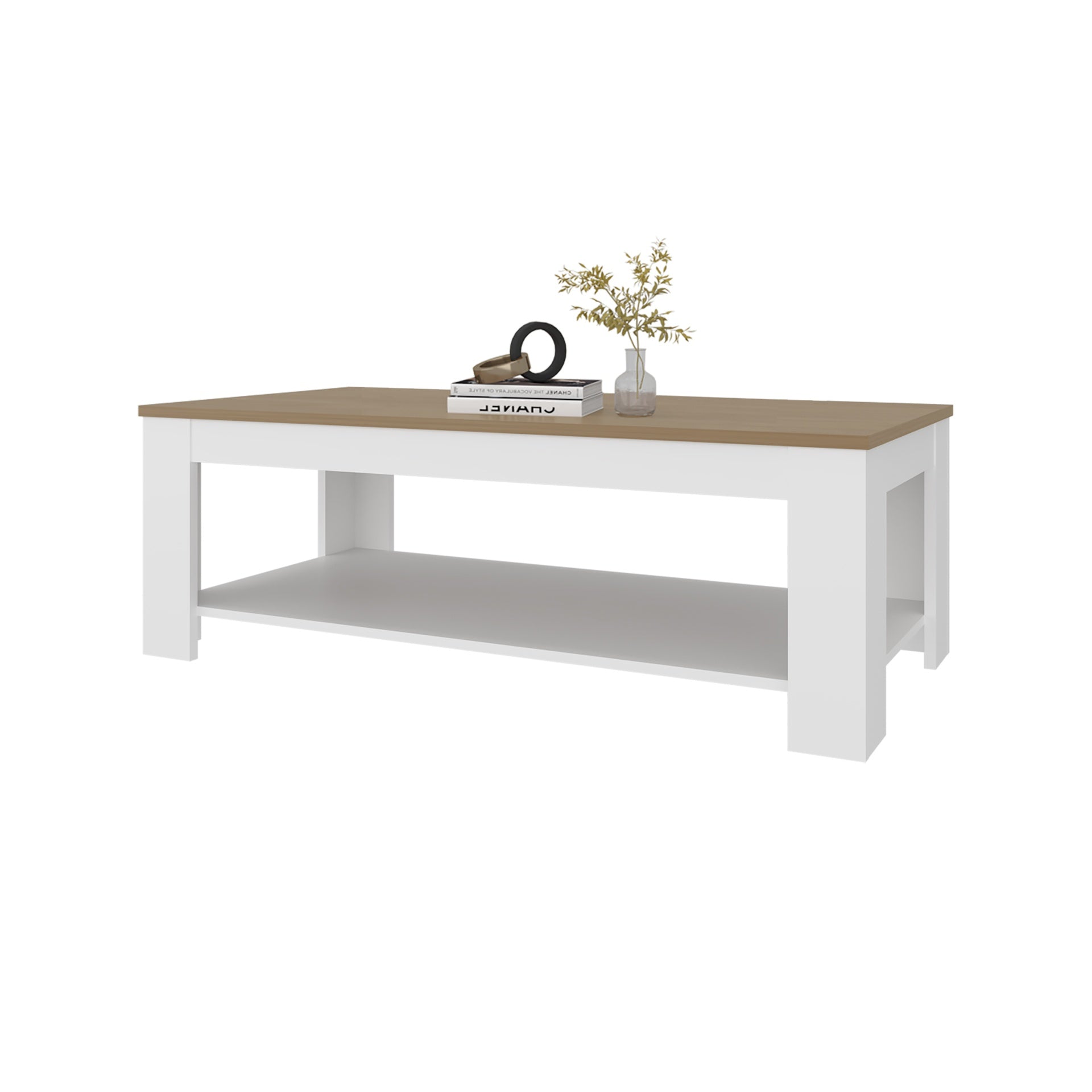 Coffee Table 16.20" H, 1 Shelf, White / Natural Oak - Living Room