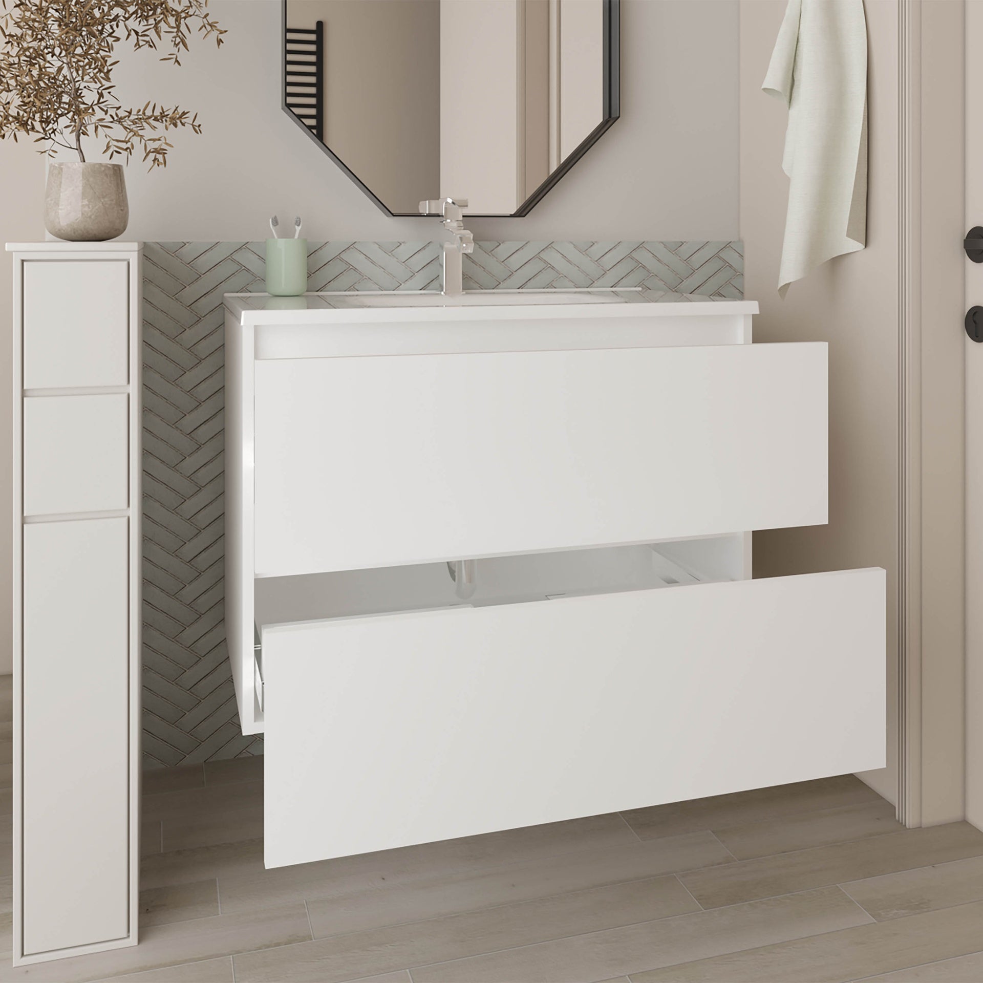 Bathroom Vanity, 2 Drawers, White