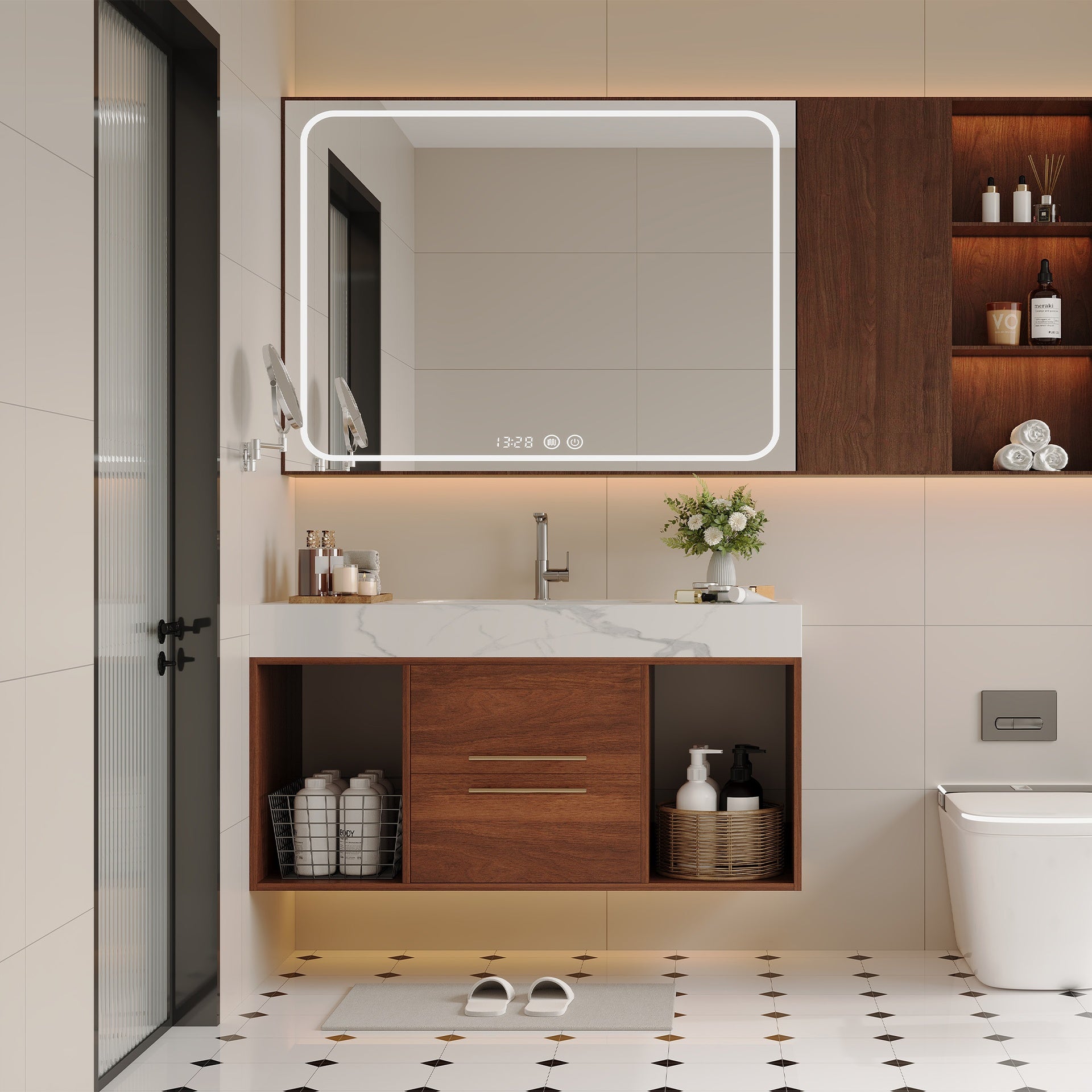 39.4 '' Floating Bathroom Vanity with Ceramic sink,Wall Mounted Vanity 2 Soft Close Drawer and white slate top