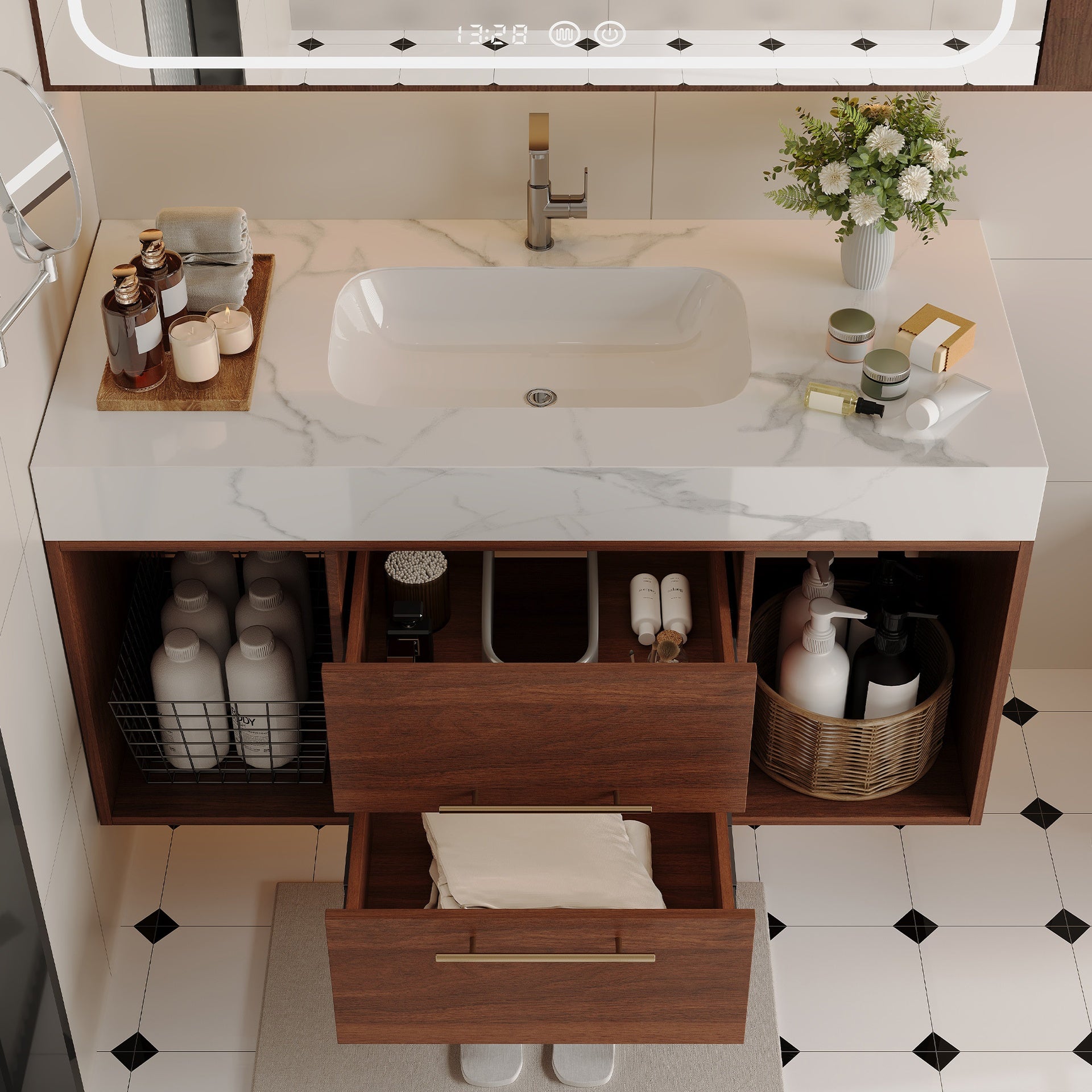 39.4 '' Floating Bathroom Vanity with Ceramic sink,Wall Mounted Vanity 2 Soft Close Drawer and white slate top