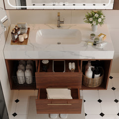 39.4 '' Floating Bathroom Vanity with Ceramic sink,Wall Mounted Vanity 2 Soft Close Drawer and white slate top