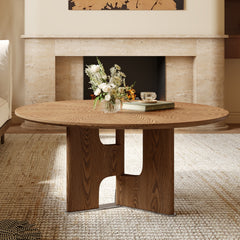31.5 Inches Round Rustic Ash Wood Veneer Coffee Table for Small Living Room