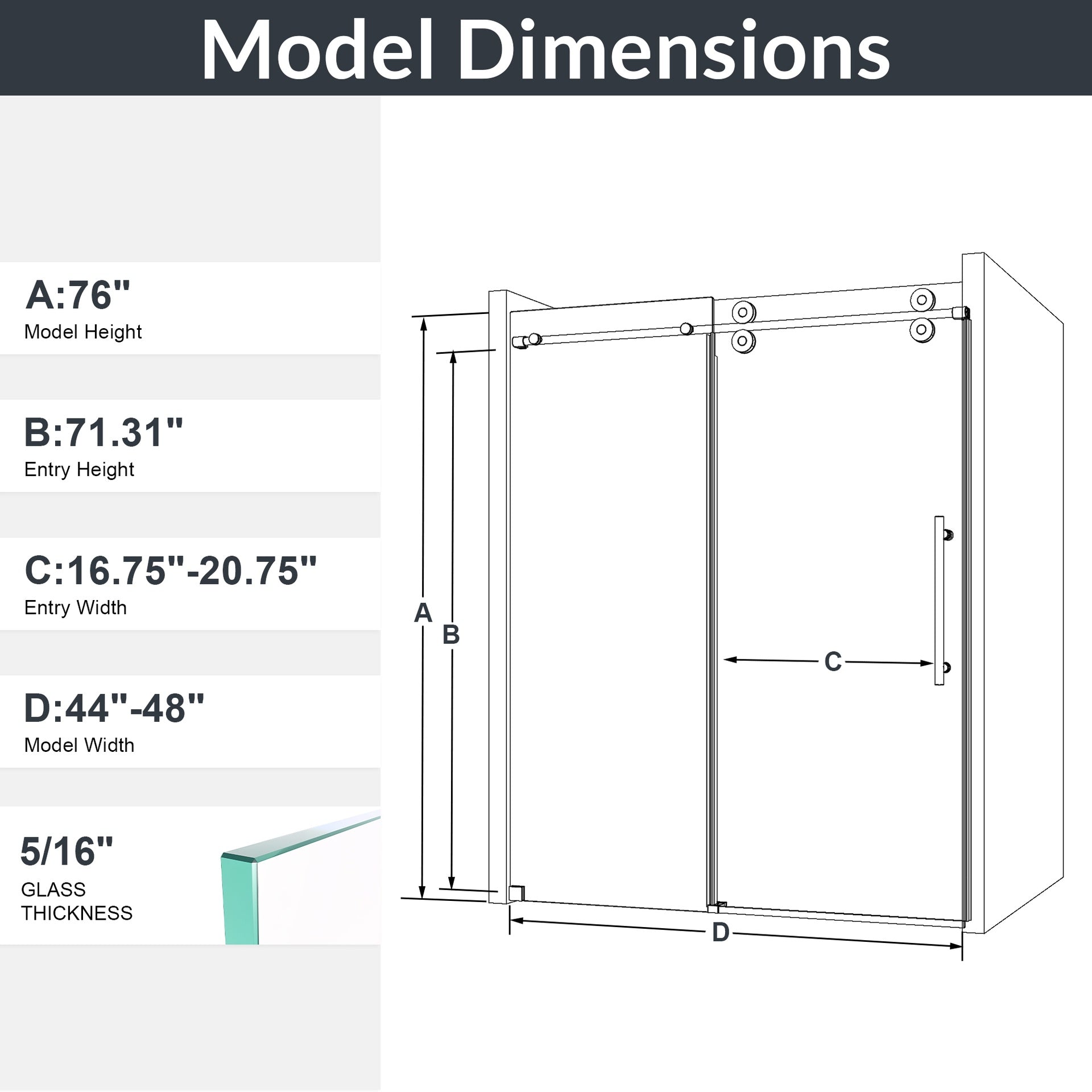 44"-48"W*76" H Frameless Single Sliding Shower Door – 5/16" (8mm) Clear Tempered Glass, Bypass Design with Chrome Finish