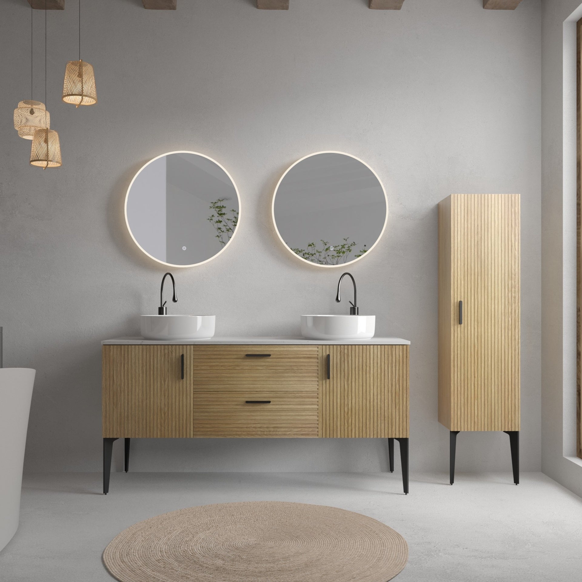 Emilia 60" Striped Natural Oak Bathroom Vanity with Ceramic Sink, Freestanding Bathroom Vanity for Modern Bathroom, KD