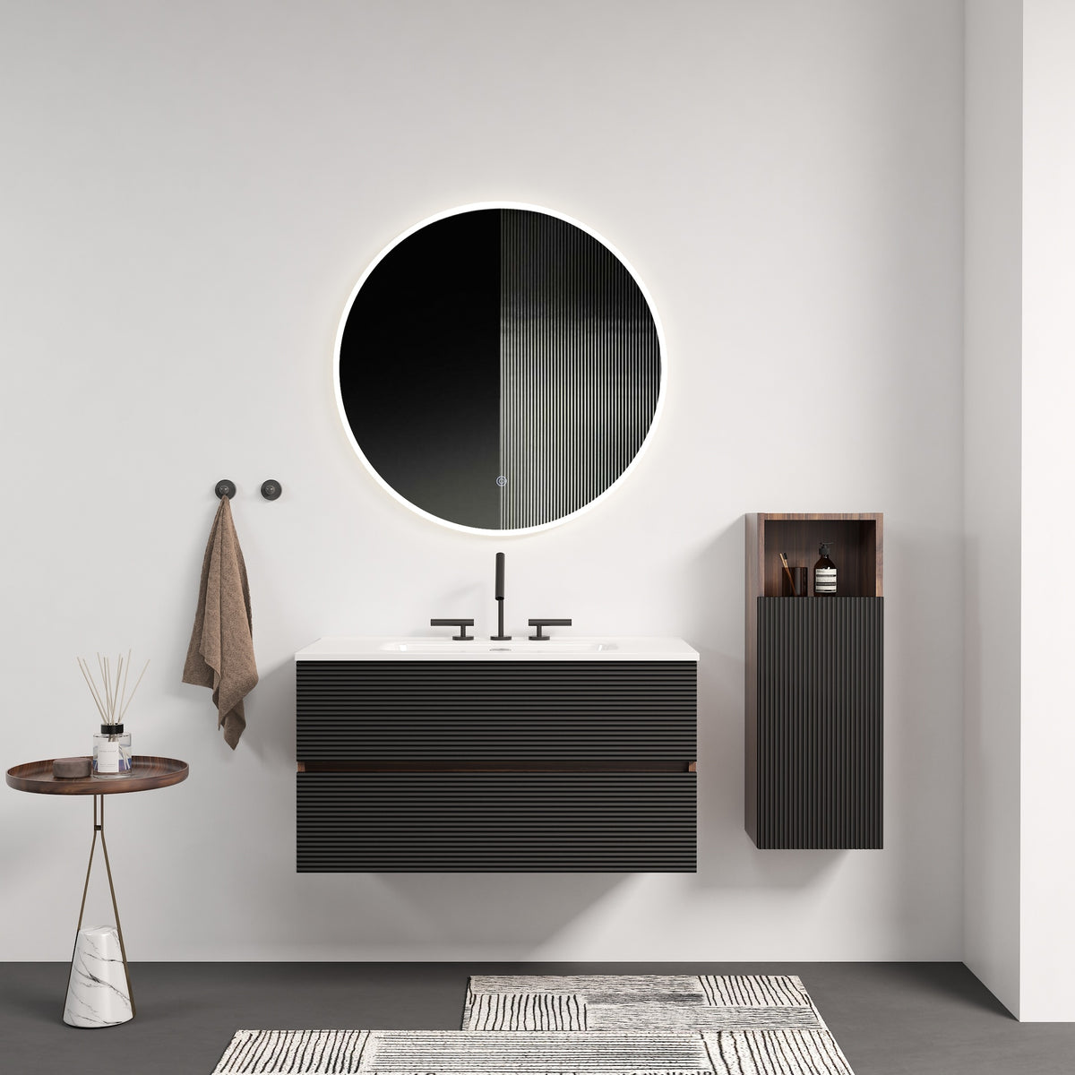 Gloria 36" Wall Mounted Soft Black & Walnut Bathroom Vanity with Integrated Ceramic Sink with 3 holes, with Overflow, Large Storage Floating Bathroom Vanity for Modern Bathroom, KD