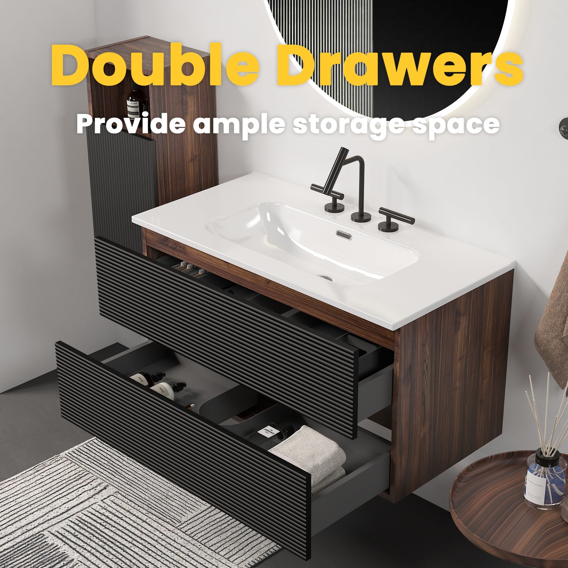 Gloria 36" Wall Mounted Soft Black & Walnut Bathroom Vanity with Integrated Ceramic Sink with 3 holes, with Overflow, Large Storage Floating Bathroom Vanity for Modern Bathroom, KD