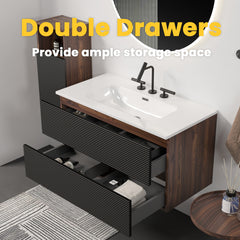 Gloria 36" Wall Mounted Soft Black & Walnut Bathroom Vanity with Integrated Ceramic Sink with 3 holes, with Overflow, Large Storage Floating Bathroom Vanity for Modern Bathroom, KD