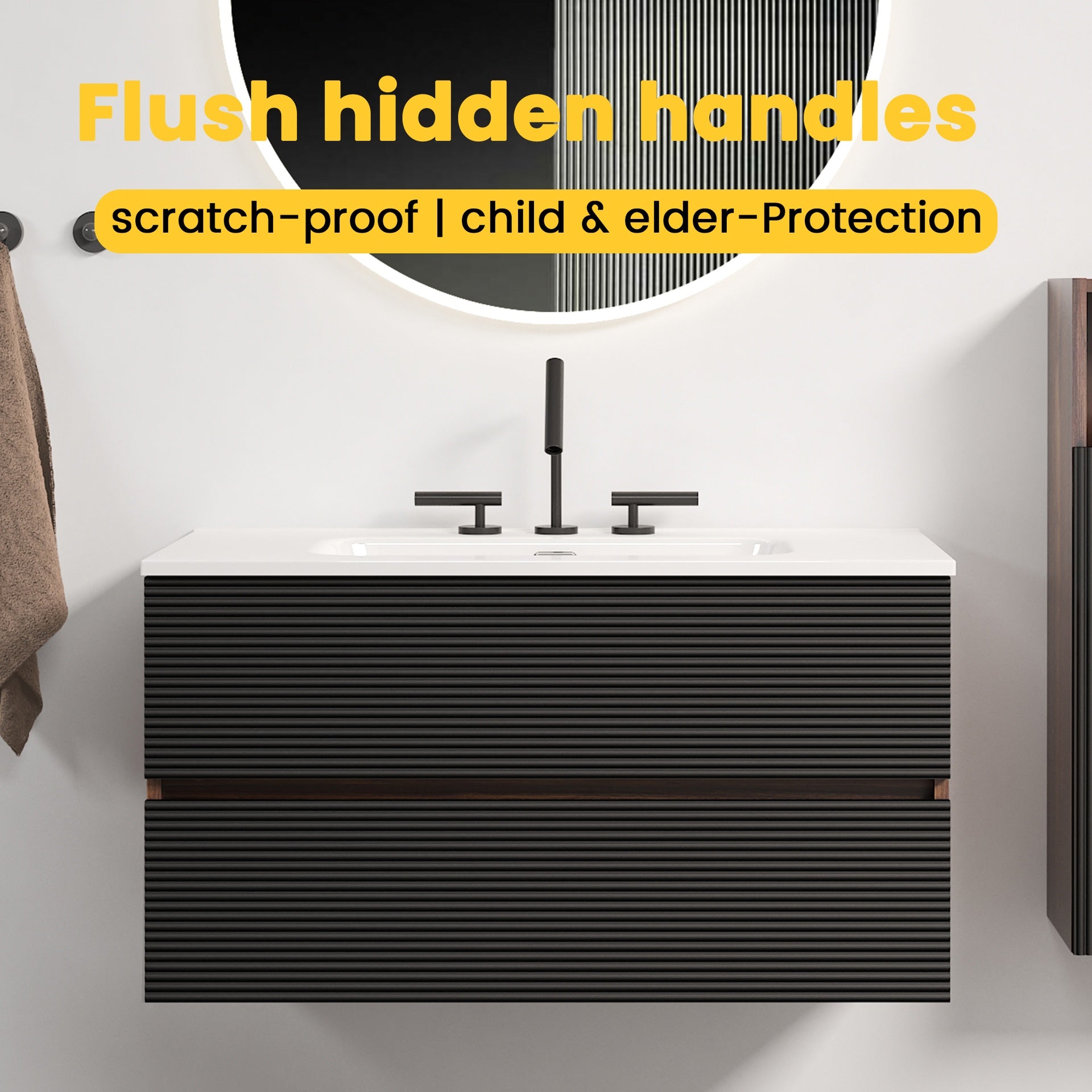 Gloria 36" Wall Mounted Soft Black & Walnut Bathroom Vanity with Integrated Ceramic Sink with 3 holes, with Overflow, Large Storage Floating Bathroom Vanity for Modern Bathroom, KD