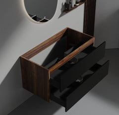 Grace 36" Walnut Bathroom Vanity with Soft Black Drawers WITHOUT Sink, Wall Mounted Floating Bathroom Cabinet for Modern Bathroom,  KD