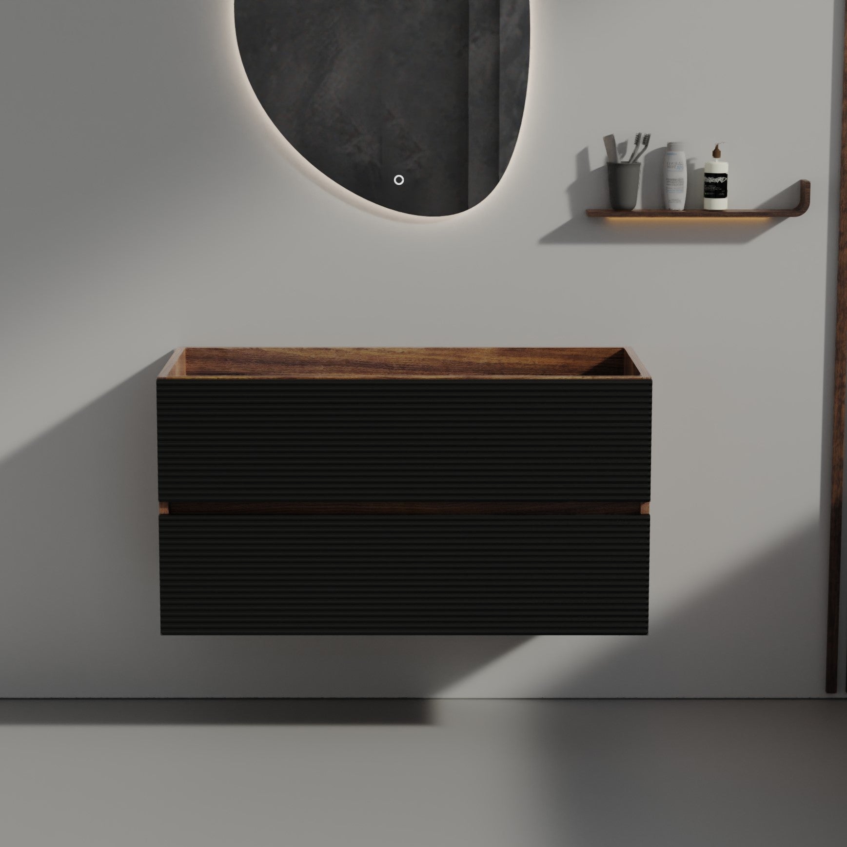 Grace 36" Walnut Bathroom Vanity with Soft Black Drawers WITHOUT Sink, Wall Mounted Floating Bathroom Cabinet for Modern Bathroom,  KD