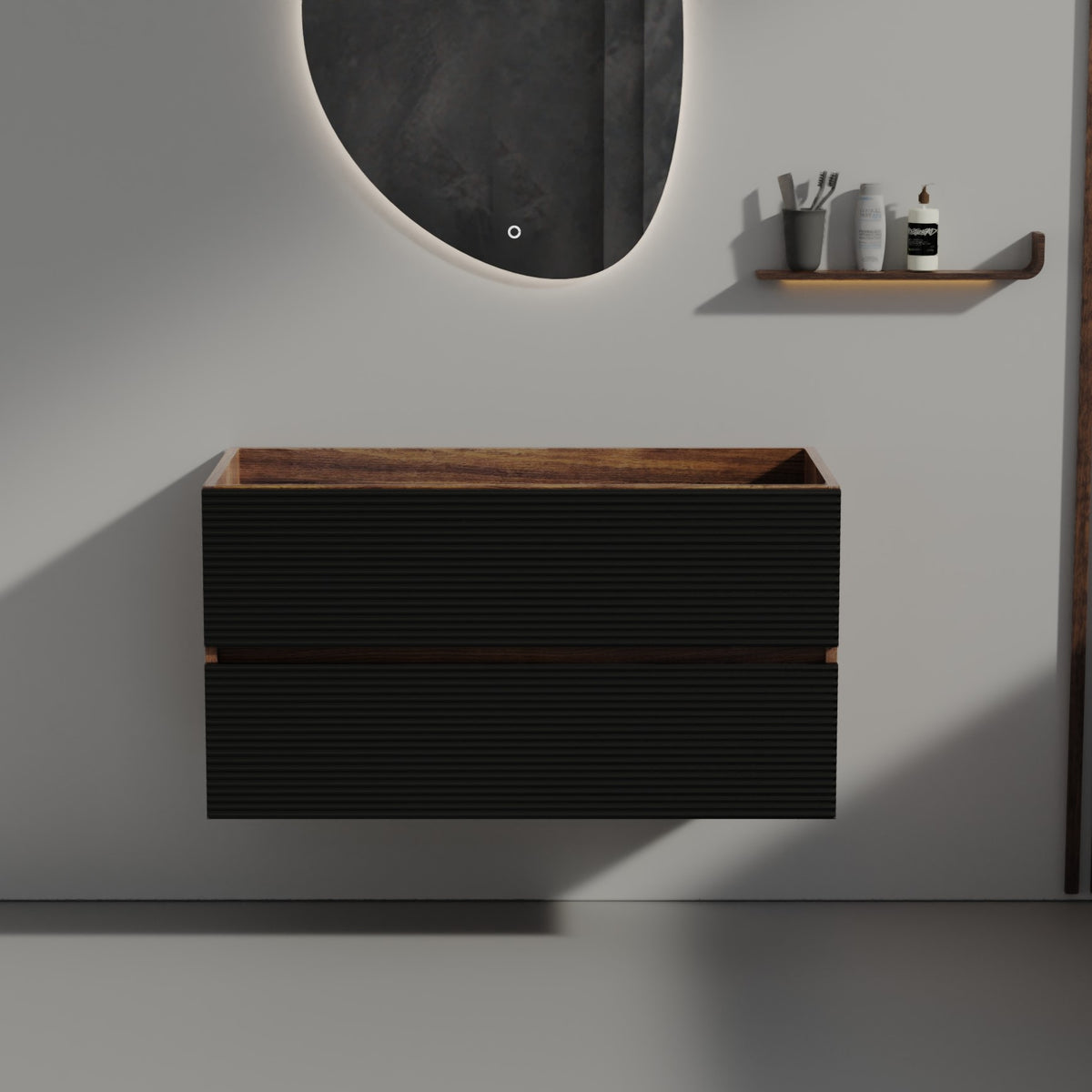 Grace 36" Walnut Bathroom Vanity with Soft Black Drawers WITHOUT Sink, Wall Mounted Floating Bathroom Cabinet for Modern Bathroom,  KD