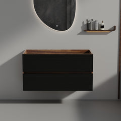 Grace 36" Walnut Bathroom Vanity with Soft Black Drawers WITHOUT Sink, Wall Mounted Floating Bathroom Cabinet for Modern Bathroom,  KD