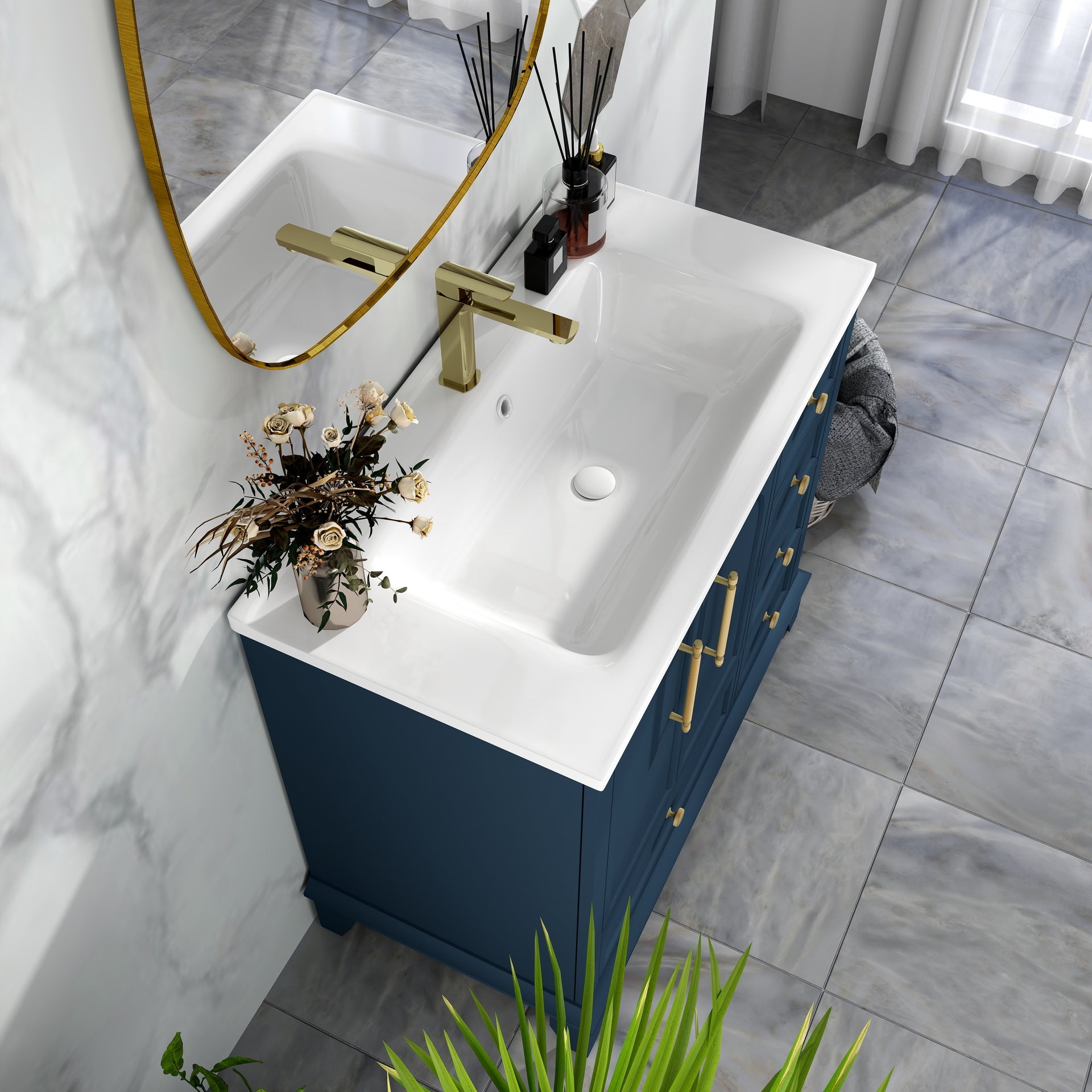 35.6" Modern Bathroom Vanity Sink Combo with Painted Surface, Mid-Century Freestanding Freestanding Bathroom Vanity Sink with Storage, High-end Restroom Vanity Cabinet with Drawers & Metal Handles