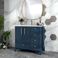 35.6" Modern Bathroom Vanity Sink Combo with Painted Surface, Mid-Century Freestanding Freestanding Bathroom Vanity Sink with Storage, High-end Restroom Vanity Cabinet with Drawers & Metal Handles