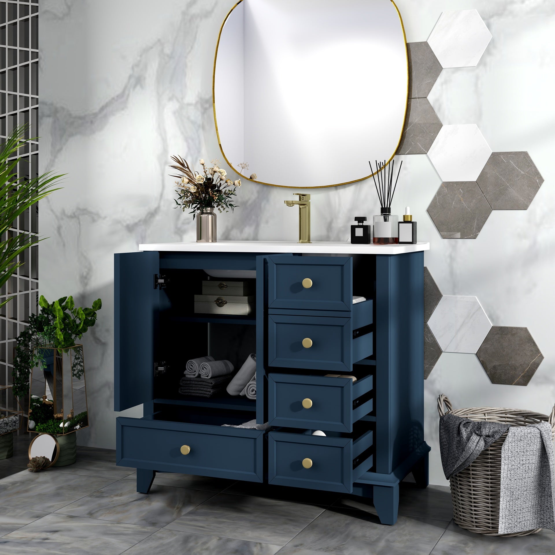 35.6" Modern Bathroom Vanity Sink Combo with Painted Surface, Mid-Century Freestanding Freestanding Bathroom Vanity Sink with Storage, High-end Restroom Vanity Cabinet with Drawers & Metal Handles