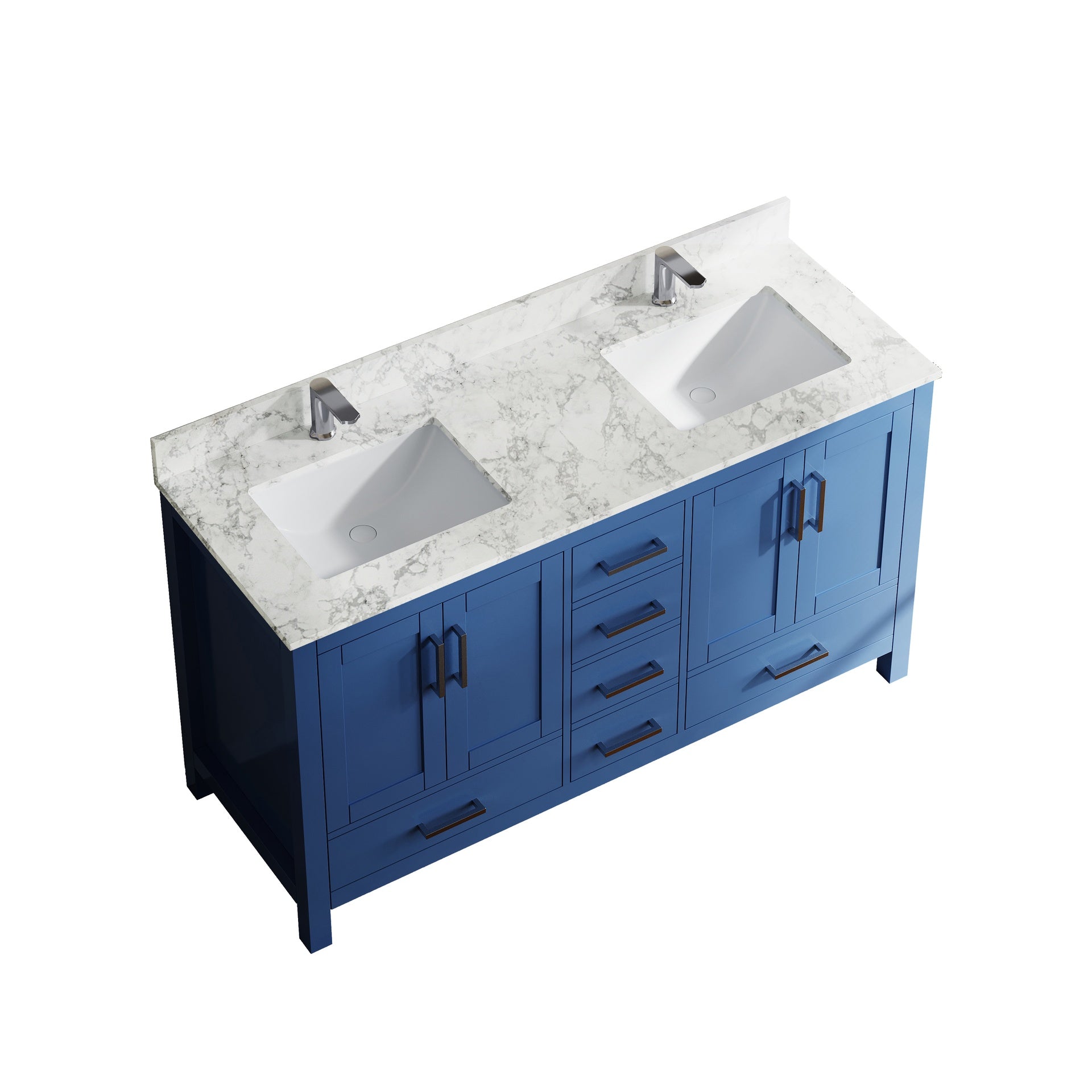 59" Premium  Bathroom Vanity with Double Basins Sink & Faucet Hole, Bathroom Storage Vanity Sink Cabinet with 4 Doors ＆ 6 Drawers in Blue