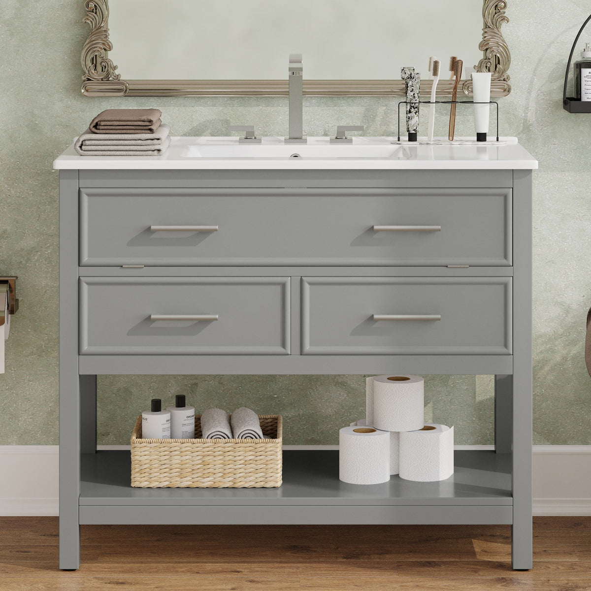 36" Bathroom Vanity with Ceramic Sink, Bathroom Vanity with Tip-Out Tray and 2 Full-Extension Drawers, Silver Pulls and Soft Close Drawer Slides Design, 1 Open Shelf at the Bottom, Gray