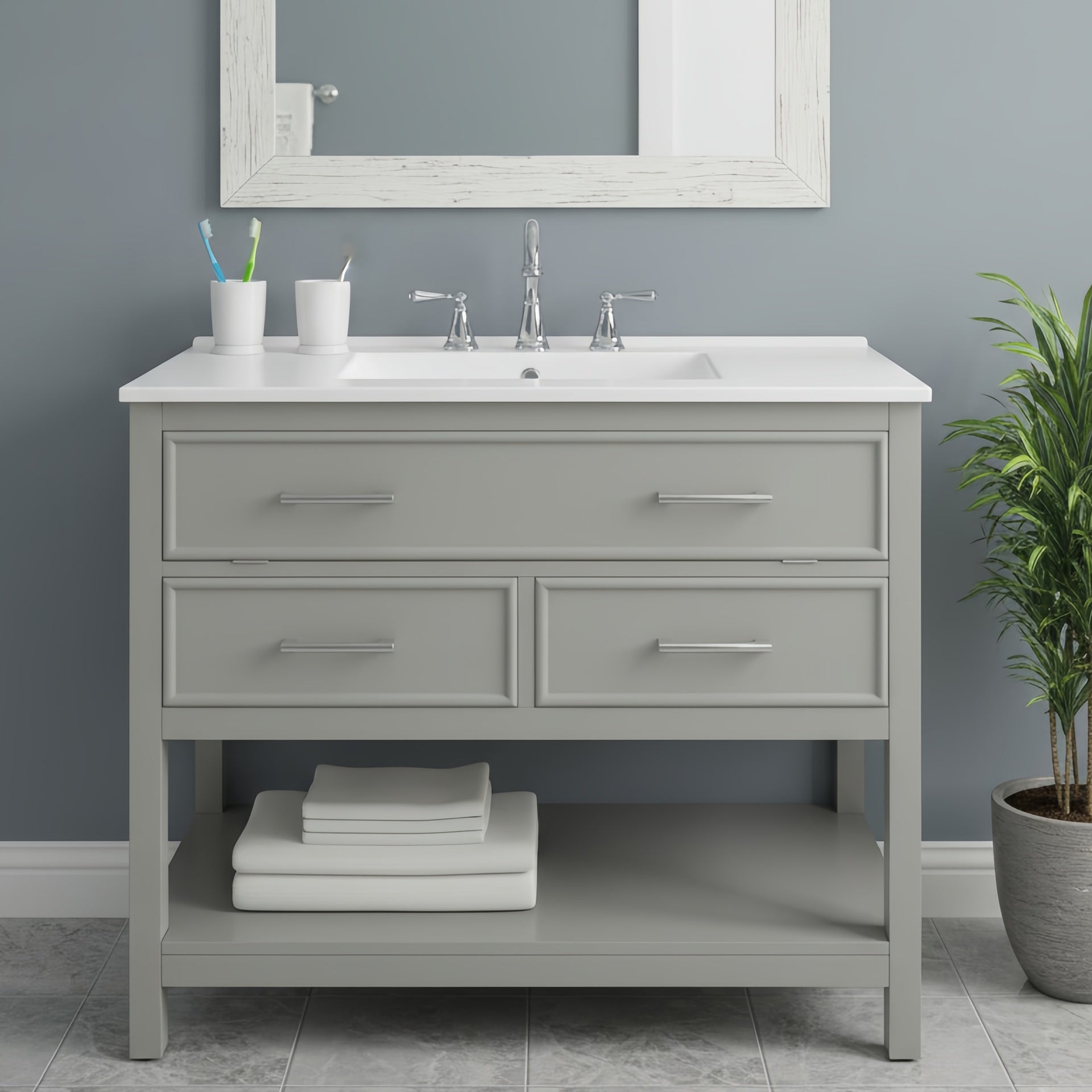 36" Bathroom Vanity with Ceramic Sink, Bathroom Vanity with Tip-Out Tray and 2 Full-Extension Drawers, Silver Pulls and Soft Close Drawer Slides Design, 1 Open Shelf at the Bottom, Gray