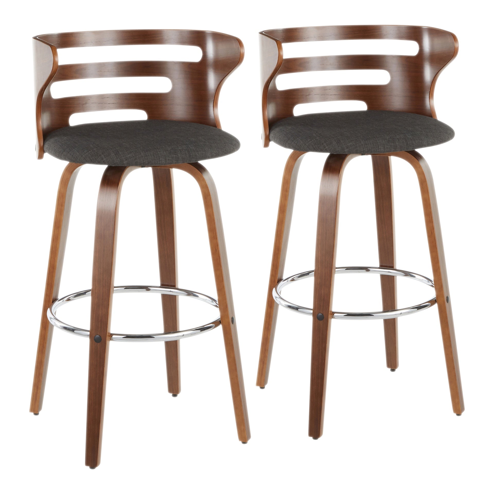 Cosini Mid-Century Modern Barstool with Swivel in Walnut and Charcoal Fabric by LumiSource - Set of 2