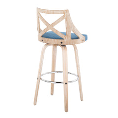 Charlotte 30" Farmhouse Fixed-Height Barstool with Swivel in White Washed Wood, Blue Fabric and Round Chrome Metal Footrest by LumiSource - Set of 2