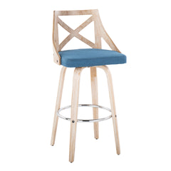 Charlotte 30" Farmhouse Fixed-Height Barstool with Swivel in White Washed Wood, Blue Fabric and Round Chrome Metal Footrest by LumiSource - Set of 2