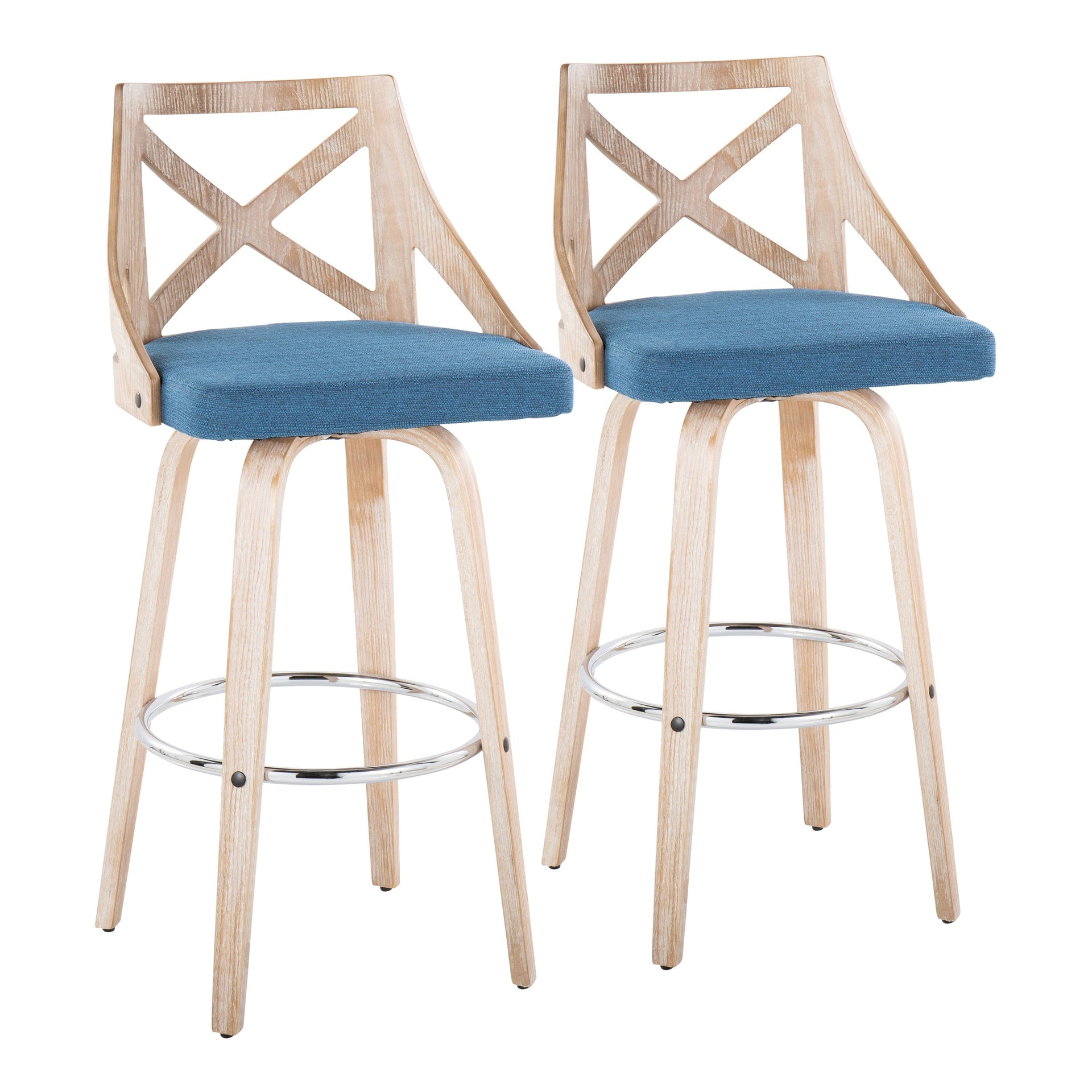 Charlotte 30" Farmhouse Fixed-Height Barstool with Swivel in White Washed Wood, Blue Fabric and Round Chrome Metal Footrest by LumiSource - Set of 2