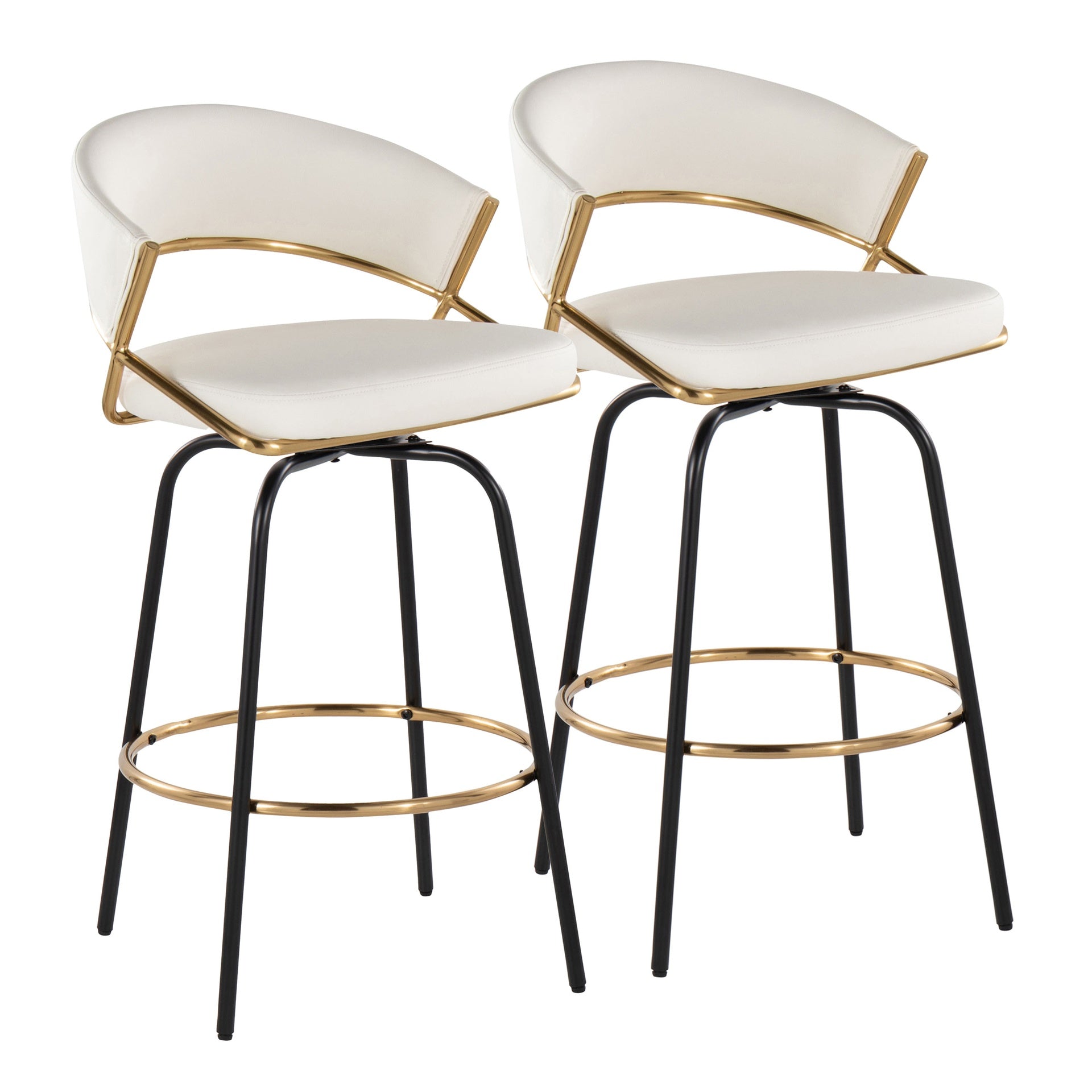 Jie 26" Fixed-Height Contemporary Counter Stool with Swivel in Gold Metal and White Faux Leather with Black Metal Legs and Round Gold Metal Footrest by LumiSource - Set of 2
