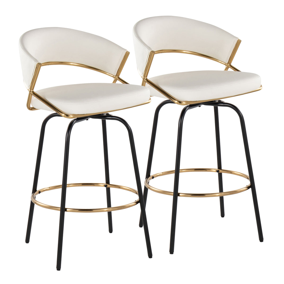 Jie 26" Fixed-Height Contemporary Counter Stool with Swivel in Gold Metal and White Faux Leather with Black Metal Legs and Round Gold Metal Footrest by LumiSource - Set of 2