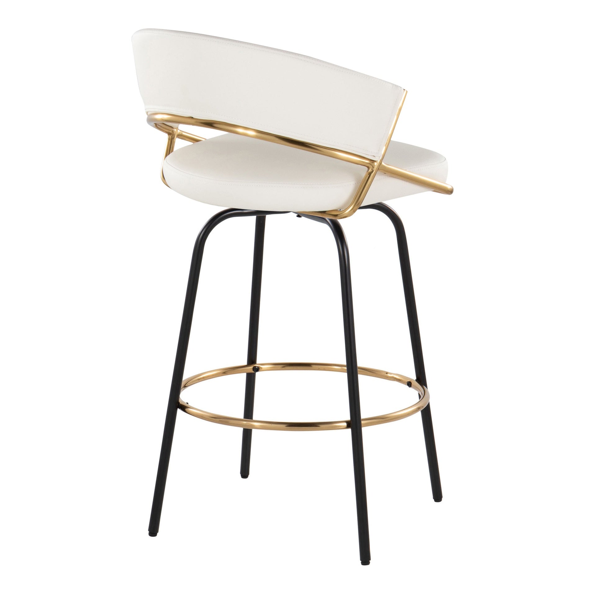 Jie 26" Fixed-Height Contemporary Counter Stool with Swivel in Gold Metal and White Faux Leather with Black Metal Legs and Round Gold Metal Footrest by LumiSource - Set of 2