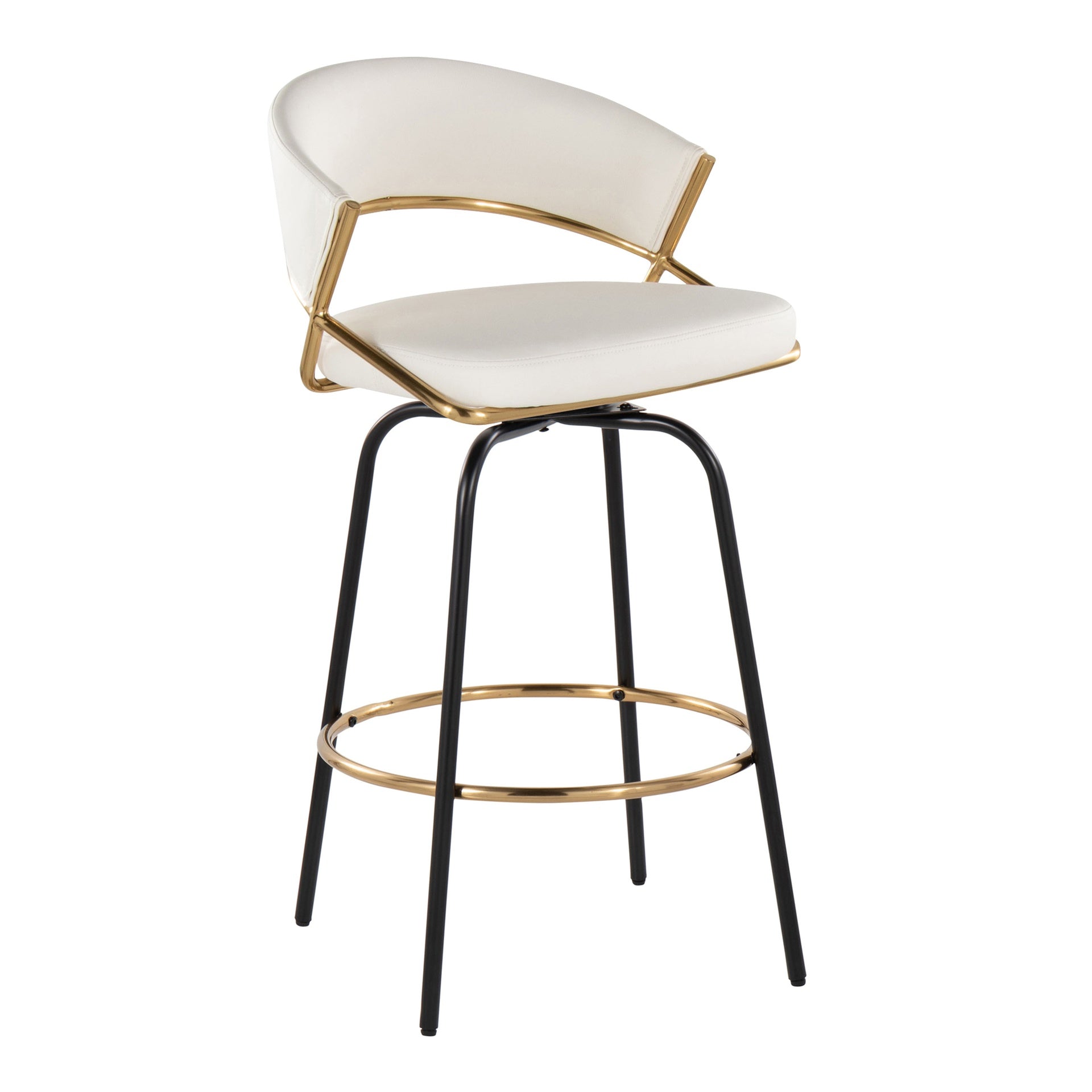 Jie 26" Fixed-Height Contemporary Counter Stool with Swivel in Gold Metal and White Faux Leather with Black Metal Legs and Round Gold Metal Footrest by LumiSource - Set of 2