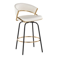 Jie 26" Fixed-Height Contemporary Counter Stool with Swivel in Gold Metal and White Faux Leather with Black Metal Legs and Round Gold Metal Footrest by LumiSource - Set of 2