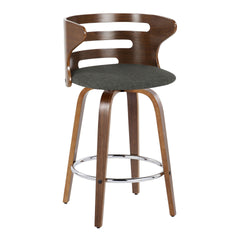 Cosini 26" Mid-Century Modern Fixed-Height Barstool with Swivel in Walnut Wood and Charcoal Fabric with Round Chrome Metal Footrest by LumiSource - Set of 2