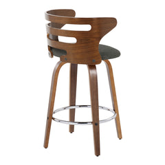 Cosini 26" Mid-Century Modern Fixed-Height Barstool with Swivel in Walnut Wood and Charcoal Fabric with Round Chrome Metal Footrest by LumiSource - Set of 2