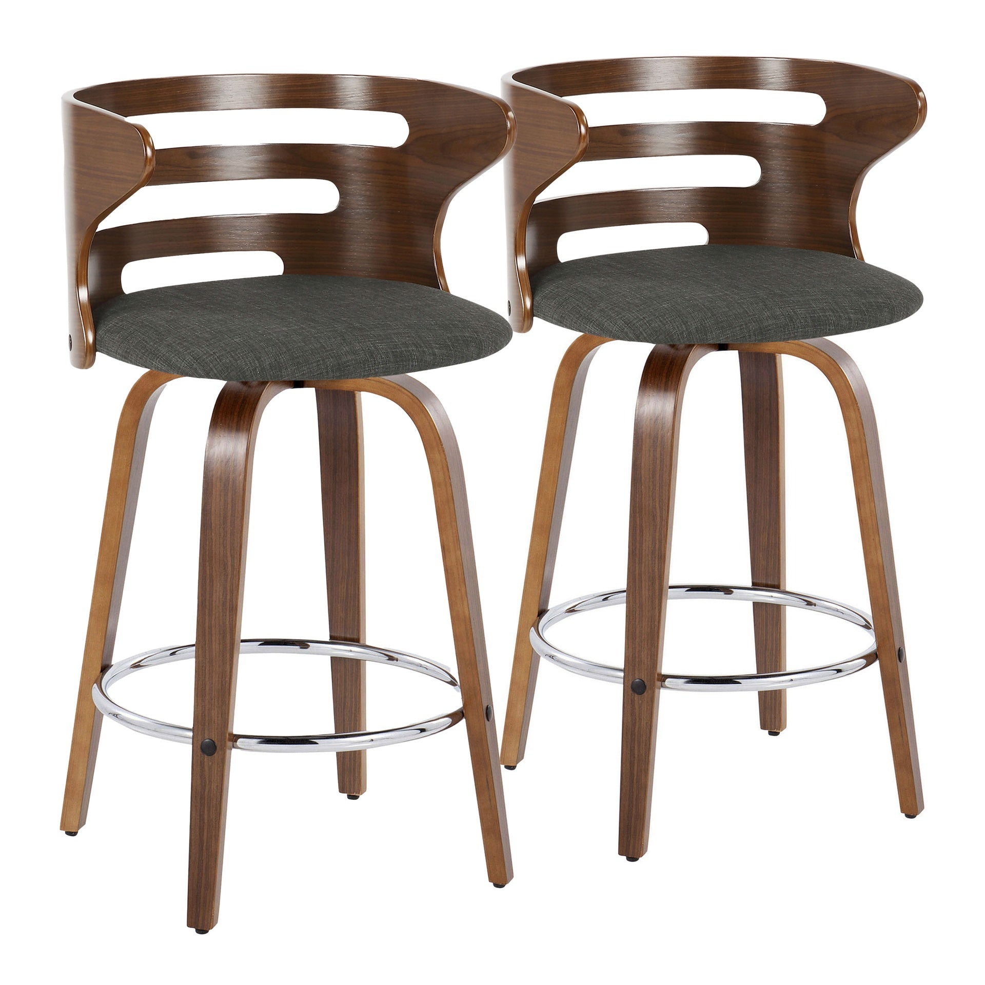 Cosini 26" Mid-Century Modern Fixed-Height Barstool with Swivel in Walnut Wood and Charcoal Fabric with Round Chrome Metal Footrest by LumiSource - Set of 2