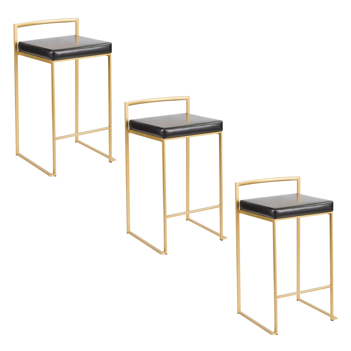 Fuji 26" Contemporary Counter Stool in Gold Metal with Black Faux Leather by LumiSource - Set of 3